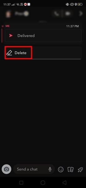 削除オプションがあります。それをタップしてメッセージを削除します。 | Snapchatでスナップを送信解除