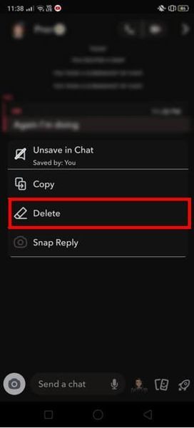 テキストをクリックして長押しすると、[削除]オプションが表示されます。 | Snapchatでスナップを送信解除